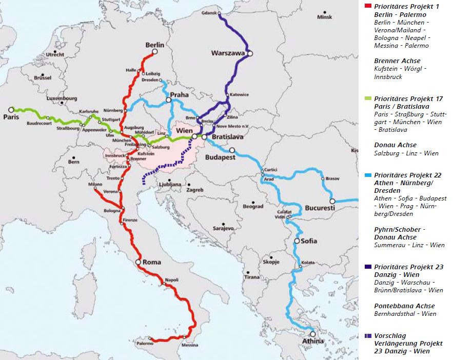 bersichtskarte ber die prioritren Projekte der TEN (V) Trans Europische Netze Verkehr. Quelle BB Infrastruktur; DEEF Dokumentationszentrum fr Europische Eisenbahnforschung