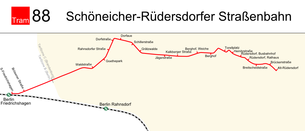 Streckenplan Berlin Tram 88 Schneicher-Rdersdorfer Strassenbahn, Quelle: Wikipedia